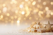 Beautiful beige Christmas background with golden, shining decor and empty space. Glitter, stars, bokeh lights. Copy space for your text. Merry Xmas, Happy New Year. Festive backdrop.