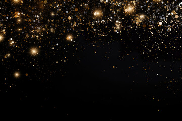 Wall Mural - Beautiful black Christmas background with shining, golden glitter and empty space. Particles, confetti. Copy space for your text. Merry Xmas, Happy New Year. Festive backdrop.