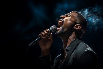 black male singer singing with microphone in front of dark background bokeh style background