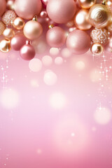 Wall Mural - Beautiful pink Christmas background with shining decoration and empty space. Copy space for your text. Merry Xmas, Happy New Year. Festive vertical backdrop.