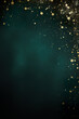 Beautiful dark green Christmas background with shining, golden glitter and empty space. Particles, confetti. Copy space for your text. Merry Xmas, Happy New Year. Festive vertical backdrop.