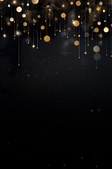 Wall Mural - Beautiful dark Christmas background with black and golden, shining decoration and empty space. Copy space for your text. Merry Xmas, Happy New Year. Festive backdrop.