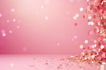 Wall Mural - Beautiful pink Christmas background with shining glitter and empty space. Particles, confetti. Copy space for your text. Merry Xmas, Happy New Year. Festive backdrop.