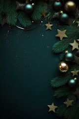 beautiful dark christmas background with green and golden, shining decoration and empty space. copy 