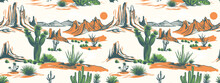Summer Desert Pattern Ready For Print, Completely Hand Drawn Desert Print, Tropical Pattern In Desert Vibes, Seamless Pattern Vector Summer Cactus On Desert Mix With Beautiful Blooming Succulents 