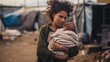 Young immigrant woman holds baby in her arms. baby on the street. Refugee camp, place of temporary refuge generative ai