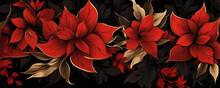 Large Red Leaves And Gold Flowers On A Black Background Wallpaper