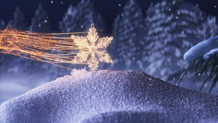 3d animated christmas themed sparkling snowflake whooshing through snow covered forest touching snow