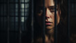 © Domingo - Innocent woman imprisoned behind the metal bars of a prison like a criminal. Close-up of her face with a worried expression in a dark cell, waiting for freedom