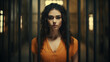 young beautiful woman in prison with long curly black hair behind bars of a female jail, with orange prisoner uniform. Cell for criminal women who commit a crime. Dramatic cinematic scene.