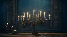Brass Candelabra With White Candles On Table In Dark Room With Blue Curtains And Door. Elegant And Spooky Atmosphere With Light And Shadows