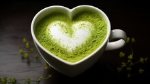 Heart Shape Cup With Green Matcha Tea And Heart Shaped Foam