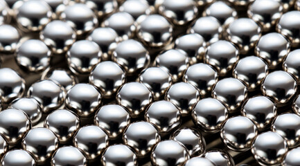 Poster - Shiny metallic spheres clustered together, reflecting light and surroundings. Electropolished metal