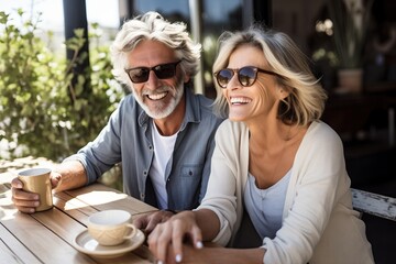 Smiling mature couple having coffee in the open air cafe, in a sunny summer day