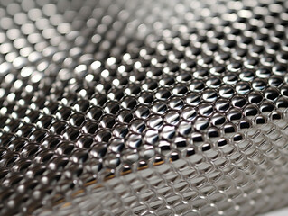 Wall Mural - Shiny metallic fence clustered together, reflecting light and surroundings. Electropolished metal