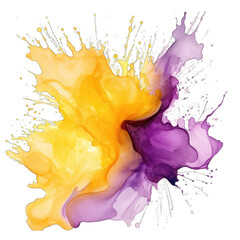 Wall Mural - Watercolor paint purple and yellow gold splashes - abstract ink - isolated on transparent background