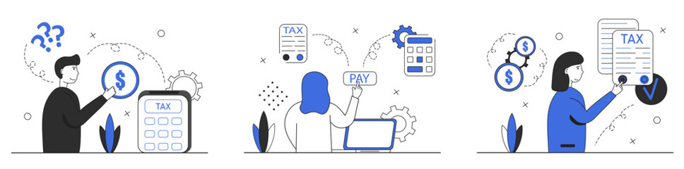 Tax declaration illustration set.Corporate tax, taxable income, fiscal year, annual return, document preparation, divided deduction. Finance management concept. Vector illustration in blue color.