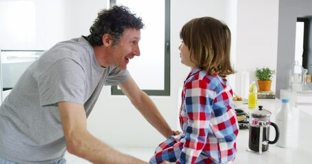 Poster - Family, happy and kid in kitchen with dad and smile with running and bonding with care. Home, father and young child together with love and support conversation in a house at morning with talking