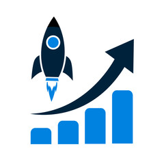 Graph diagram up with rocket icon, business growth success chart with arrow, business bar sign, modern approach to marketing, profit growing symbol, progress bar symbol, start up