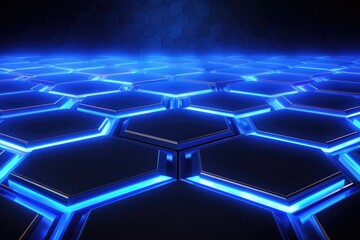 Poster - blue glowing hexagons on dark background. 3d render digital illustration, 3d rendering of an abstrac