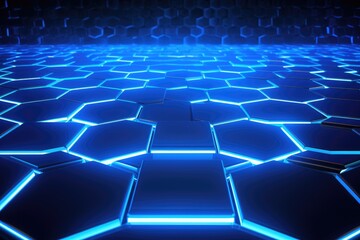 Poster - 3d rendering of abstract technology background with hexagons and glowing lights, 3D rendering of an abstract hexagon background with blue neon lights, AI Generated