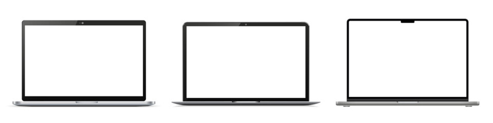 Open modern laptop mockup with blank screen monitor, set new 2024 device template mockup isolated - stock vector