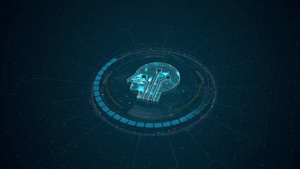 Poster - Motion graphic of Blue digital robot head logo and 3D circle futuristic HUD elements with Ai chatbot and machine learning technology and ai assistance concepts on abstract background