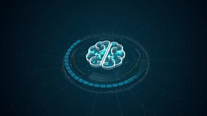 Poster - Motion graphic of Blue digital robot brain logo and 3D circle futuristic HUD elements with Ai chatbot and machine learning technology and ai assistance concepts on abstract background
