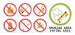 Prohibition smoking and fire icons in flat style