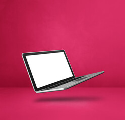 Canvas Print - Floating computer laptop isolated on pink. Square background