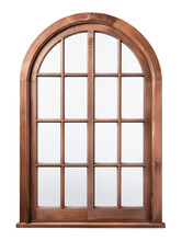 Large, Semicircular, Arched Wooden Window. Retro Window With Wooden Frame. Isolated On A Transparent Background.