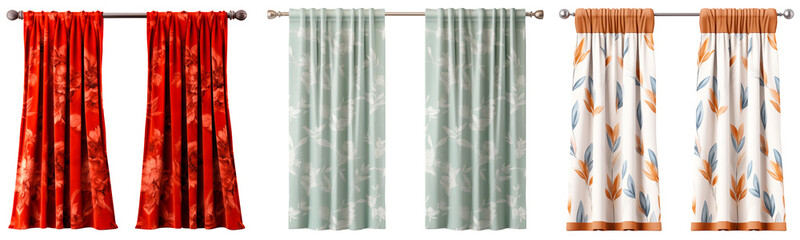 Set/collection of short curtains with botanical patterns. Red curtains. Orange and white curtains, green and gray curtains. Curtains in two parts. Isolated on a transparent background.