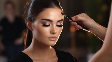 Wall Mural - Close up of a makeup artist applying  makeup with a brush to a model