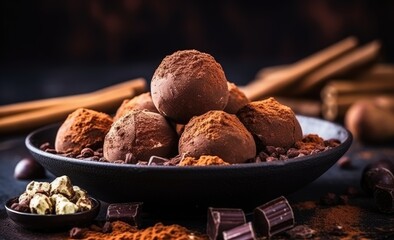 Wall Mural - Chocolate truffles with chocolate chunks, nuts and cocoa powder on a dark background.