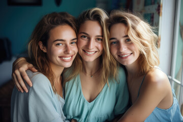 Poster - portrait of three women.happy girl hugging with two friends in home