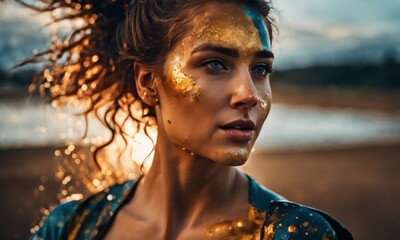 Wall Mural - Young woman posing with multi-coloured paint on her face. Portrait of Beautiful Woman with paint splash and drops on her body. Girl with Art Make-Up in Color Light. Fashion Model with Colorful Makeup