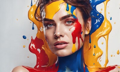 Wall Mural - Bright beauty portrait of a young woman with yellow, blue, red paint strokes on her face and body. Splashes and drops on the girl