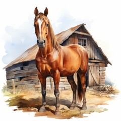 Poster - a watercolor of a horse in front of a barn