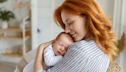 Loving mom carying of her newborn baby at home. Bright portrait of happy mum holding sleeping infant child on hands