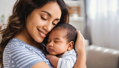 Loving mom carying of her newborn baby at home. Bright portrait of happy mum holding sleeping infant child on hands