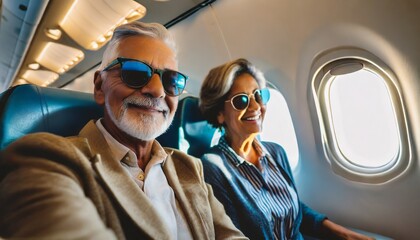 Senior couple on an airplane ready for vacation