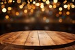 Empty round wooden table with bokeh light on a blurred background of a pub or bar setting
