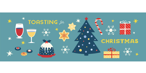 Wall Mural - Festive Christmas celebration vector cute design elements. Christmas Tree, drink, sweet food, Toasting Christmas fancy letters. Bar, restaurant menu entertainment event greeting banner background