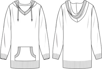 Wall Mural - Women's Hooded Tunic. Technical fashion illustration. Front and back, white color. Women's CAD mock-up.