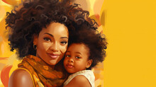 African Mom With Daughter Close Up Portrait, Watercolor Illustration