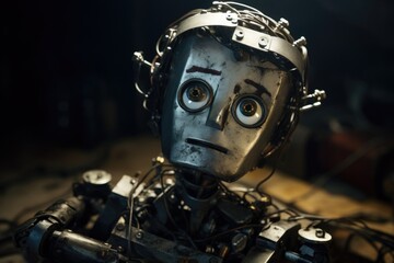 Poster - a detailed close-up of a robot head with wires. perfect for technology or science-themed projects.