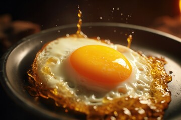 Wall Mural - A perfectly cooked fried egg sizzling in a frying pan on a stove. This image can be used to depict cooking, breakfast, or food preparation.