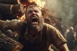 A man with a beard expressing intense emotion as he screams in front of a blazing fire. 