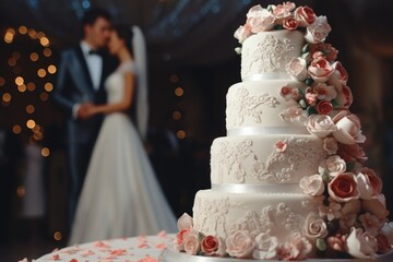 A picture of a wedding cake with a bride and groom in the background. This image can be used to showcase wedding themes and celebrations.