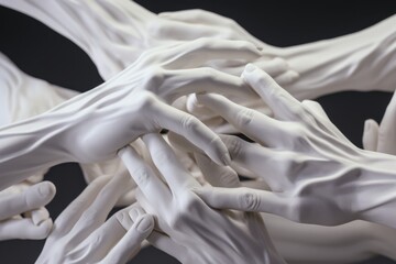 Wall Mural - A close-up view of a sculpture depicting two hands holding each other. This image can be used to represent unity, support, friendship, or love.